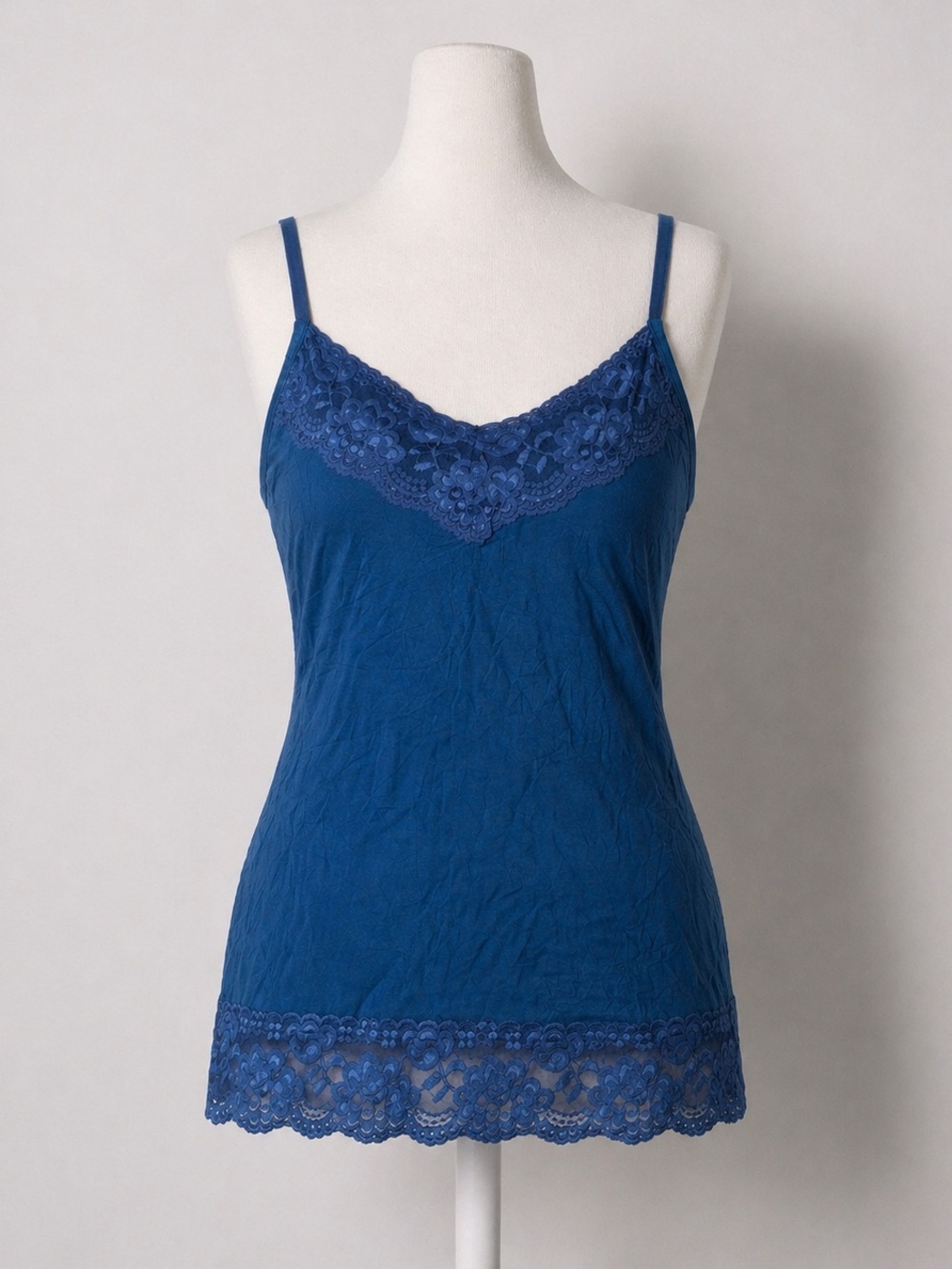 Vintage Dress Barn Camisole Tank Top XL Y2K Lace Trim Teal Blue Crinkle Long